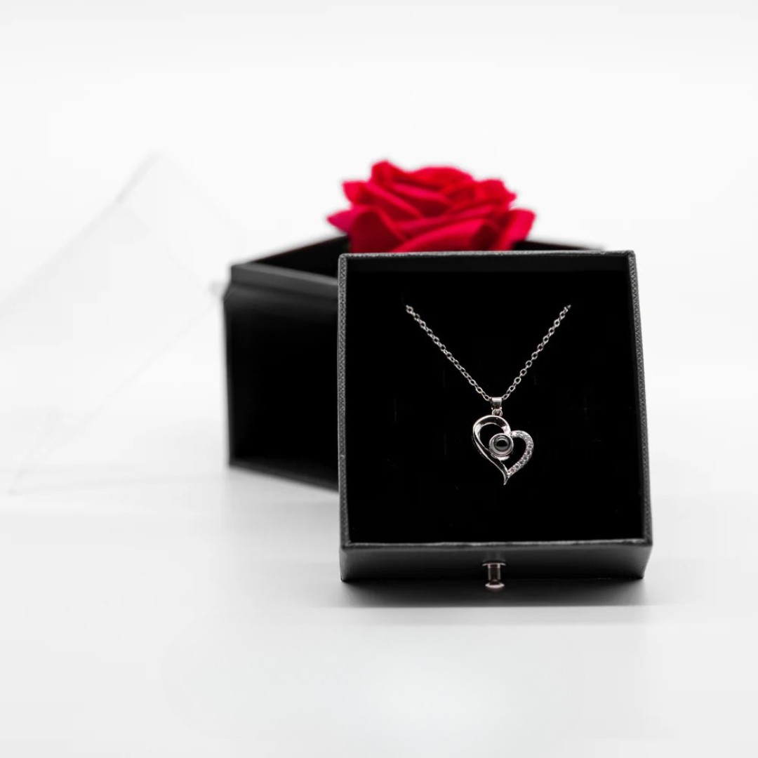 Rose preserved with Large Heart Necklace